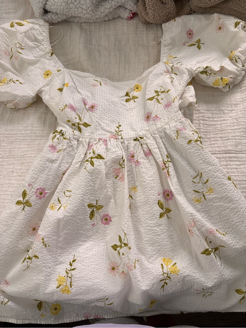 mi ami White Dress with Pink Tag and Yellow Floral Accents